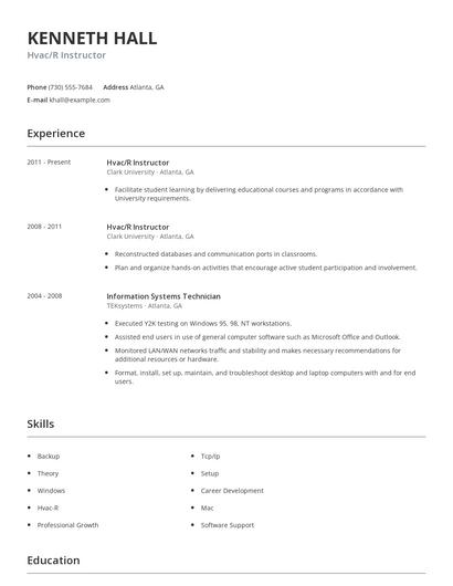 Hvac/R Instructor Resume