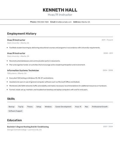 Hvac/R Instructor Resume