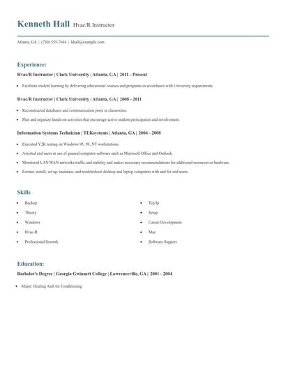 Hvac/R Instructor Resume
