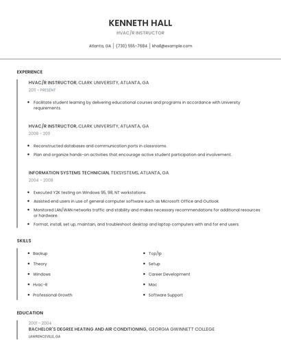 Hvac/R Instructor Resume