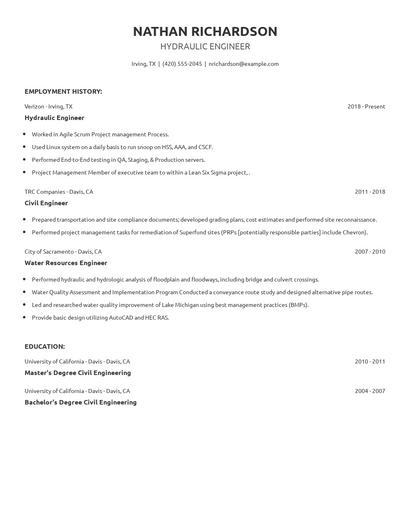 Hydraulic Engineer Resume