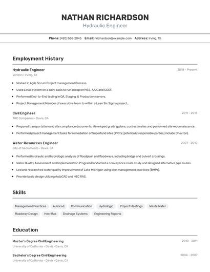 Hydraulic Engineer Resume