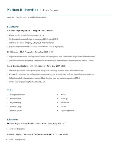 Hydraulic Engineer Resume