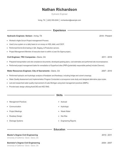 Hydraulic Engineer Resume