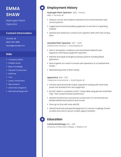 Hydrogen Plant Operator Resume