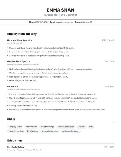 Hydrogen Plant Operator Resume