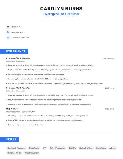 Hydrogen Plant Operator Resume