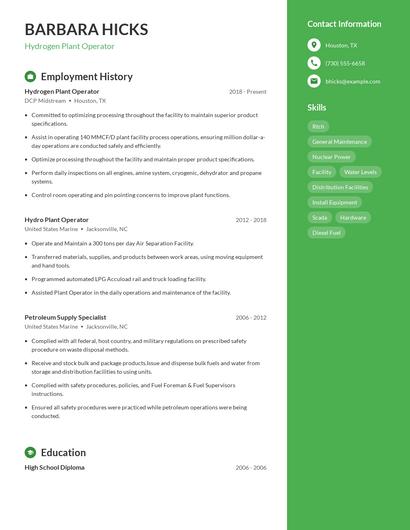 Hydrogen Plant Operator Resume