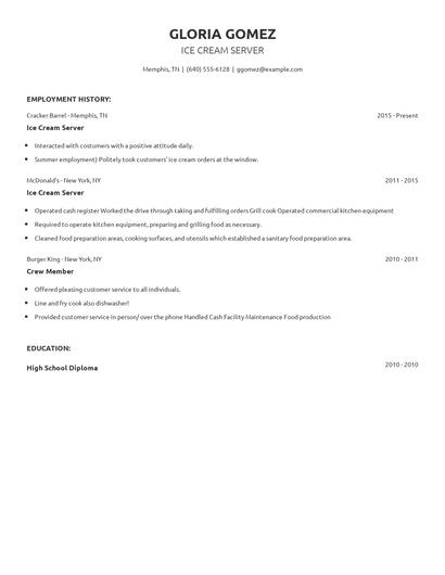 Ice Cream Server Resume