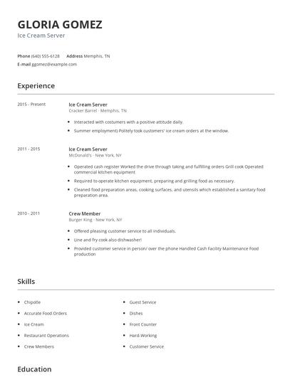 Ice Cream Server Resume