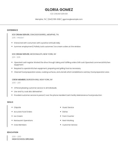 Ice Cream Server Resume