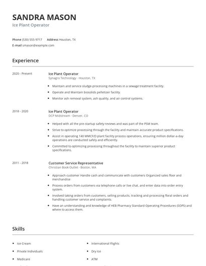 Ice Plant Operator Resume