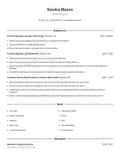 Ice Plant Operator Resume