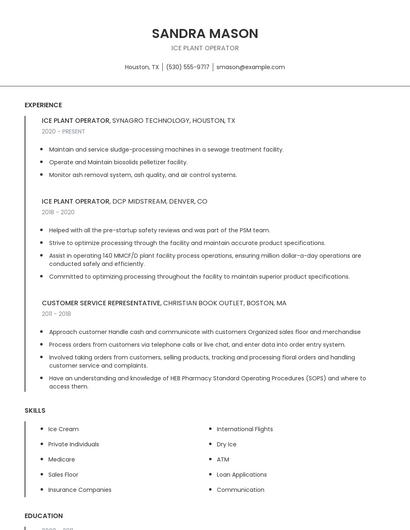 Ice Plant Operator Resume