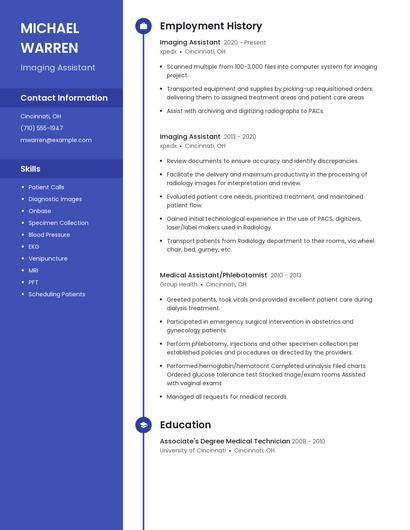 Imaging Assistant Resume