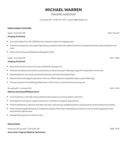 Imaging Assistant Resume