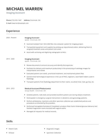 Imaging Assistant Resume