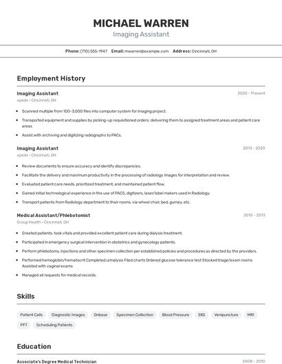Imaging Assistant Resume