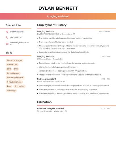 Imaging Assistant Resume