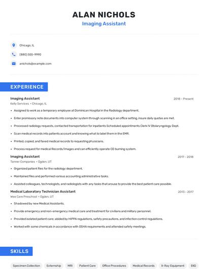 Imaging Assistant Resume
