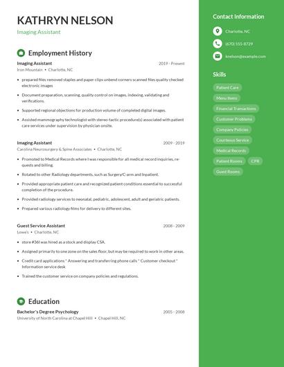 Imaging Assistant Resume