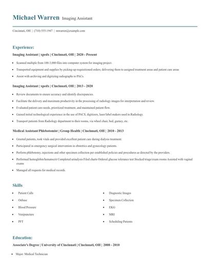 Imaging Assistant Resume