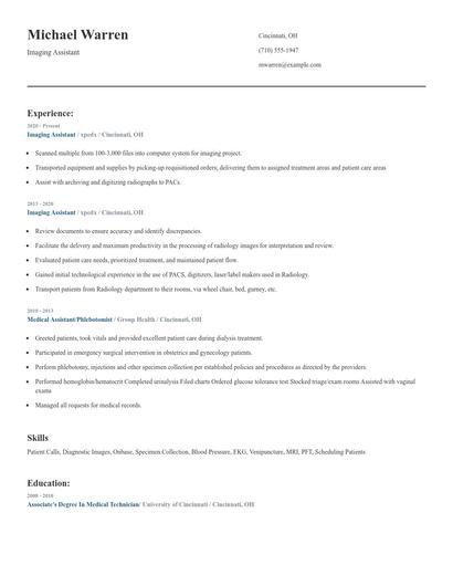 Imaging Assistant Resume