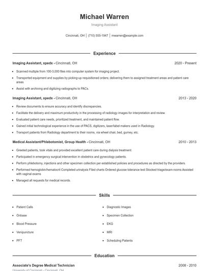 Imaging Assistant Resume
