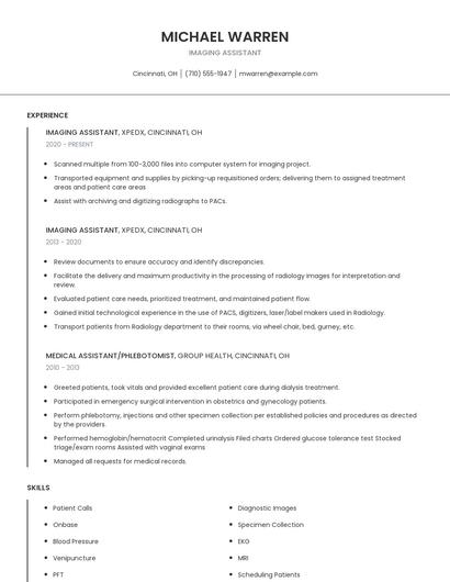 Imaging Assistant Resume