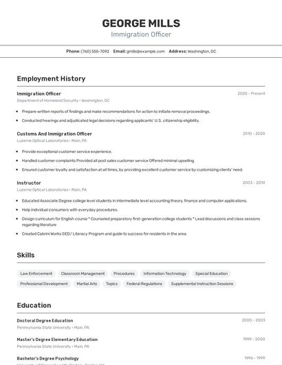 Immigration Officer Resume