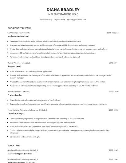 Implementations Lead Resume