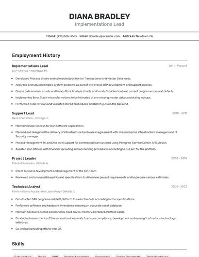 Implementations Lead Resume