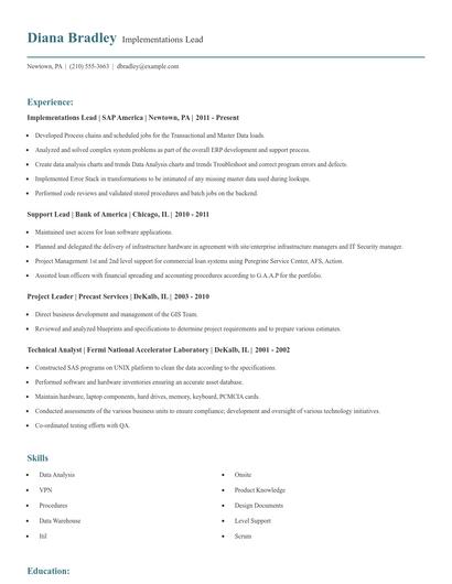 Implementations Lead Resume
