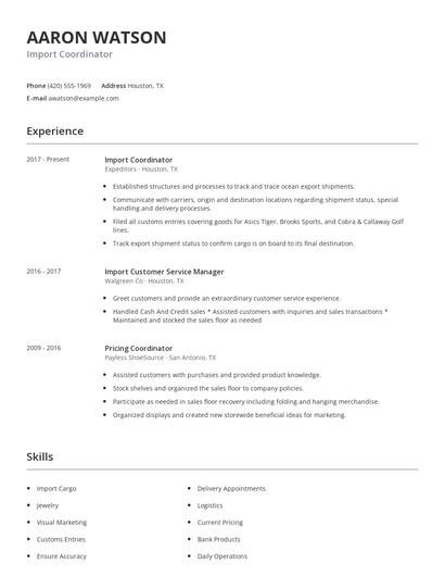 Import Coordinator Resume