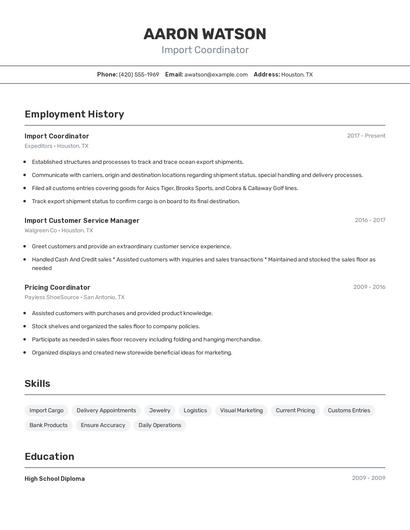 Import Coordinator Resume