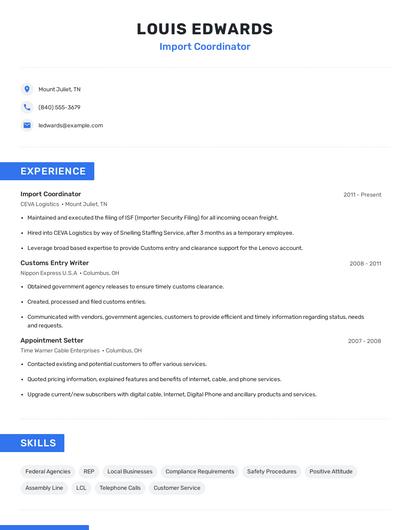 Import Coordinator Resume