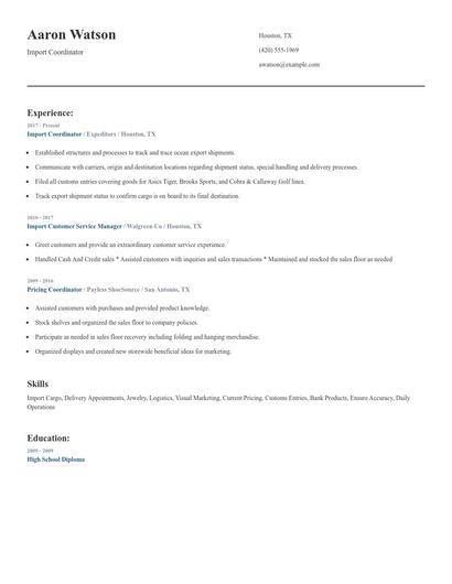 Import Coordinator Resume