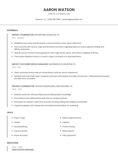 Import Coordinator Resume