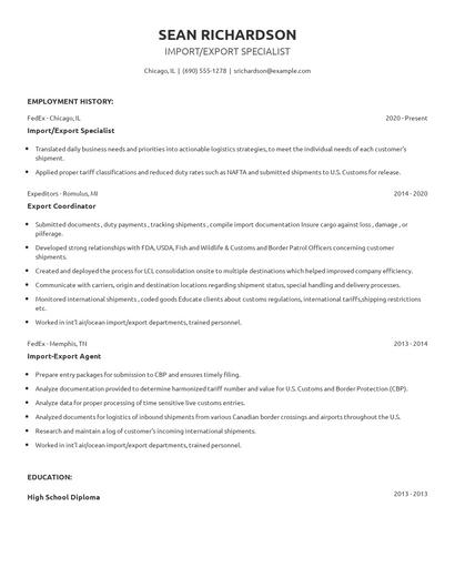 Import/Export Specialist Resume