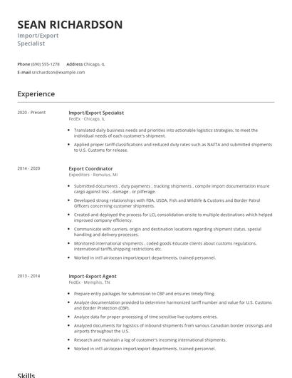 Import/Export Specialist Resume