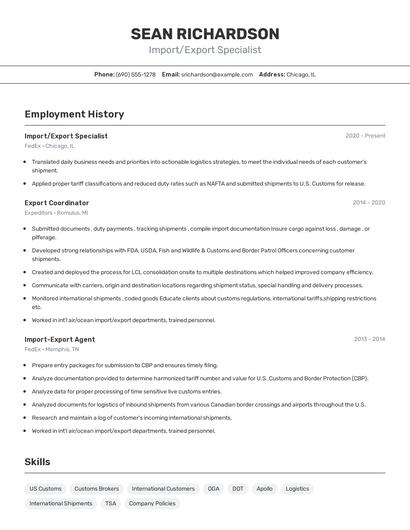 Import/Export Specialist Resume