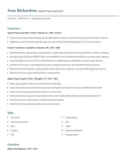 Import/Export Specialist Resume