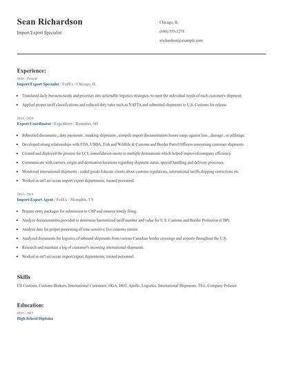 Import/Export Specialist Resume