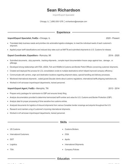 Import/Export Specialist Resume