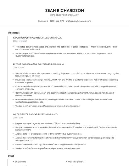 Import/Export Specialist Resume