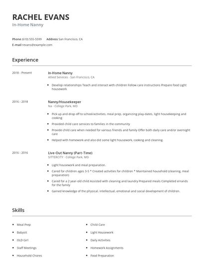 In-Home Nanny Resume