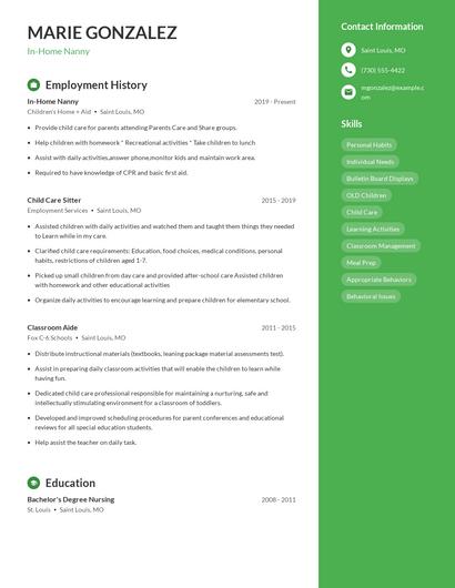 In-Home Nanny Resume