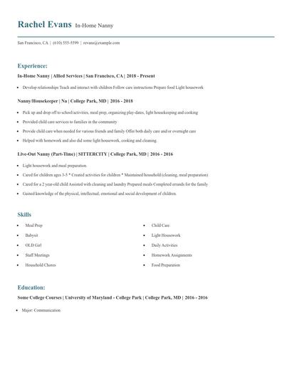 In-Home Nanny Resume