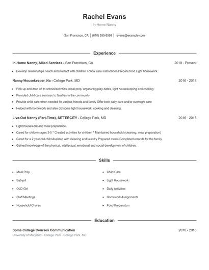 In-Home Nanny Resume