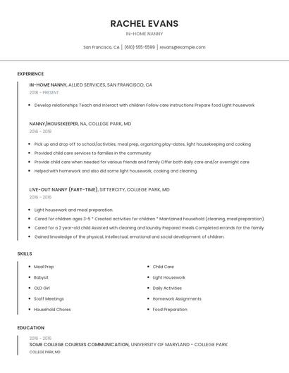 In-Home Nanny Resume